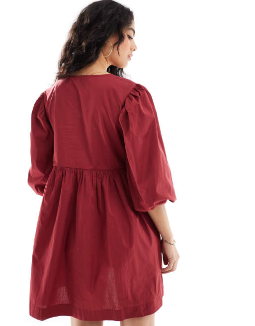 ASOS DESIGN - Mini smockjurk met strikken aan de voorkant in bordeauxrood, 4 van 4