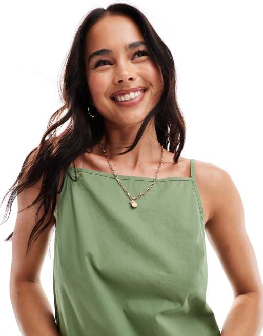 ASOS DESIGN – Mini-Strandkleid in Khaki mit eckigem Ausschnitt und tief angesetztem Saum, 2 von 4