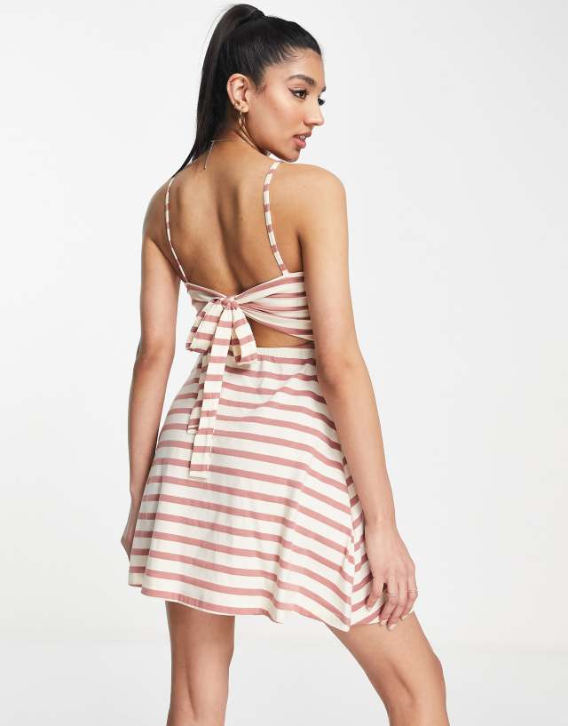 ASOS DESIGN mini strappy sundress with tie back in cream and rose stripe