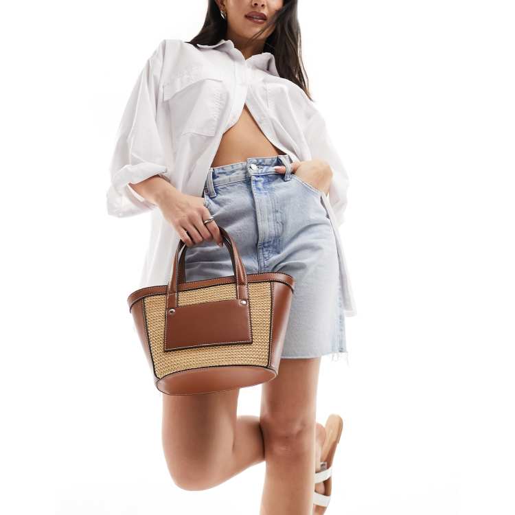 ASOS DESIGN mini straw tote with detachable crossbody strap in tan 