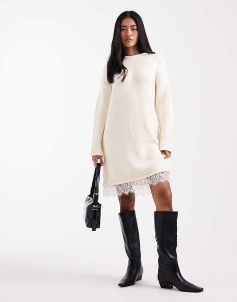 ASOS DESIGN – Mini-Strickkleid in Ecru mit Spitzenbesatz - view 1