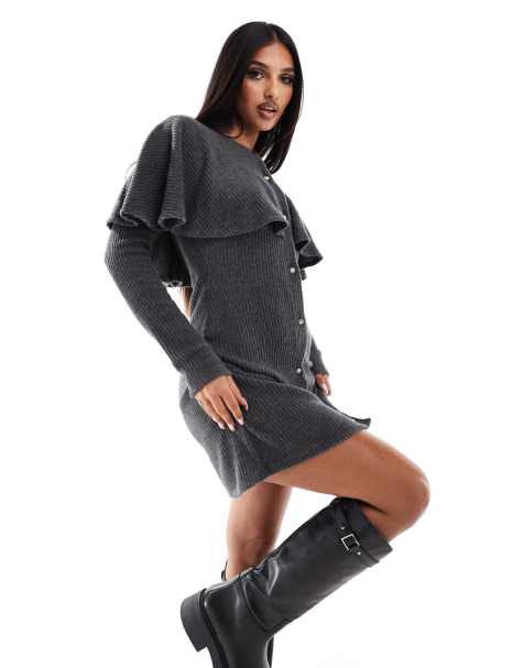 ASOS DESIGN – Mini-Strickkleid in meliertem Anthrazit mit Cape-Detail und durchgehender Knopfleiste - view 1