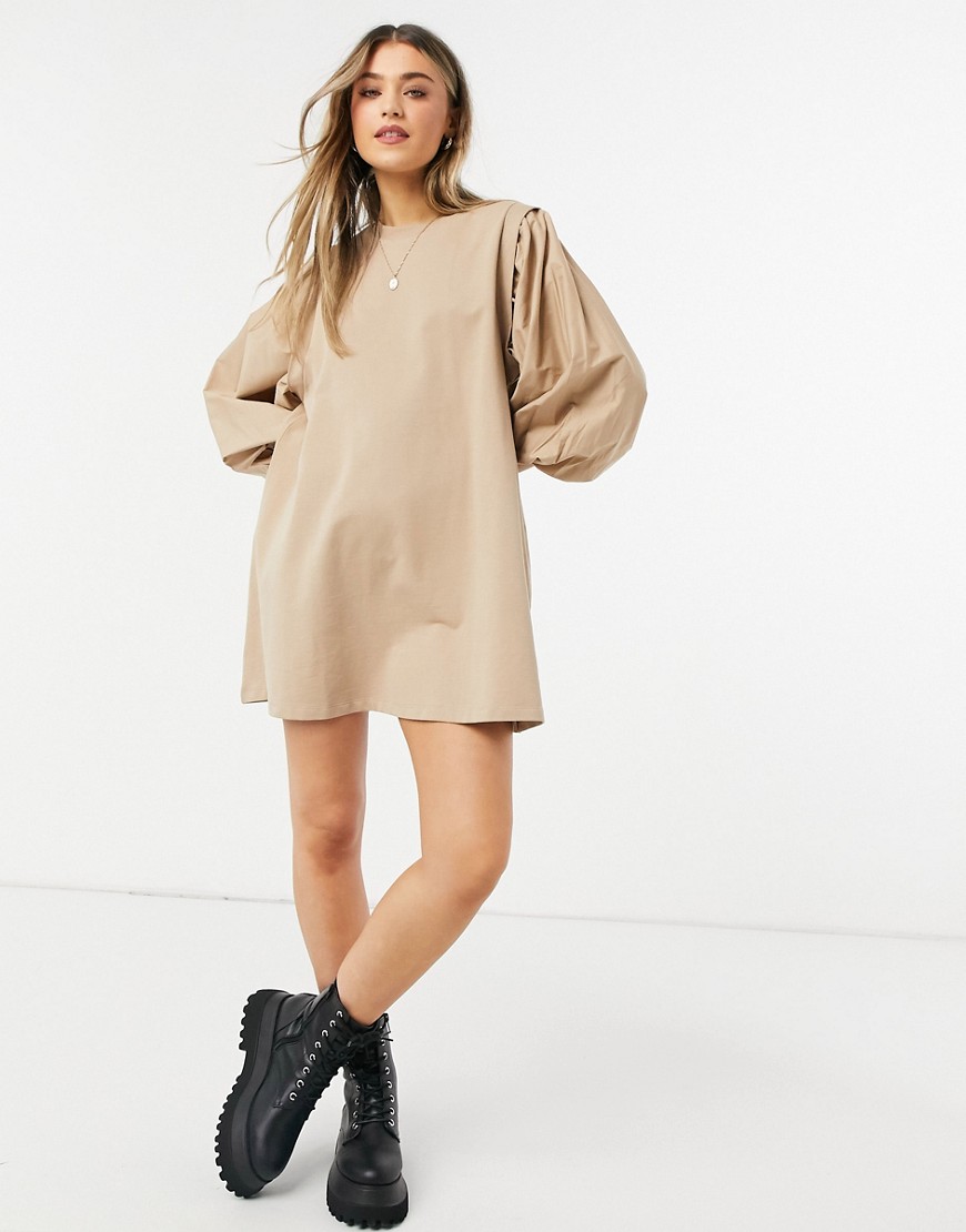 ASOS DESIGN mini sweatshirt dress with puff sleeves in camel-Brown