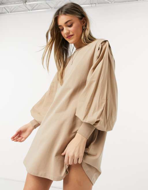 ASOS DESIGN mini sweatshirt dress with puff sleeves in camel