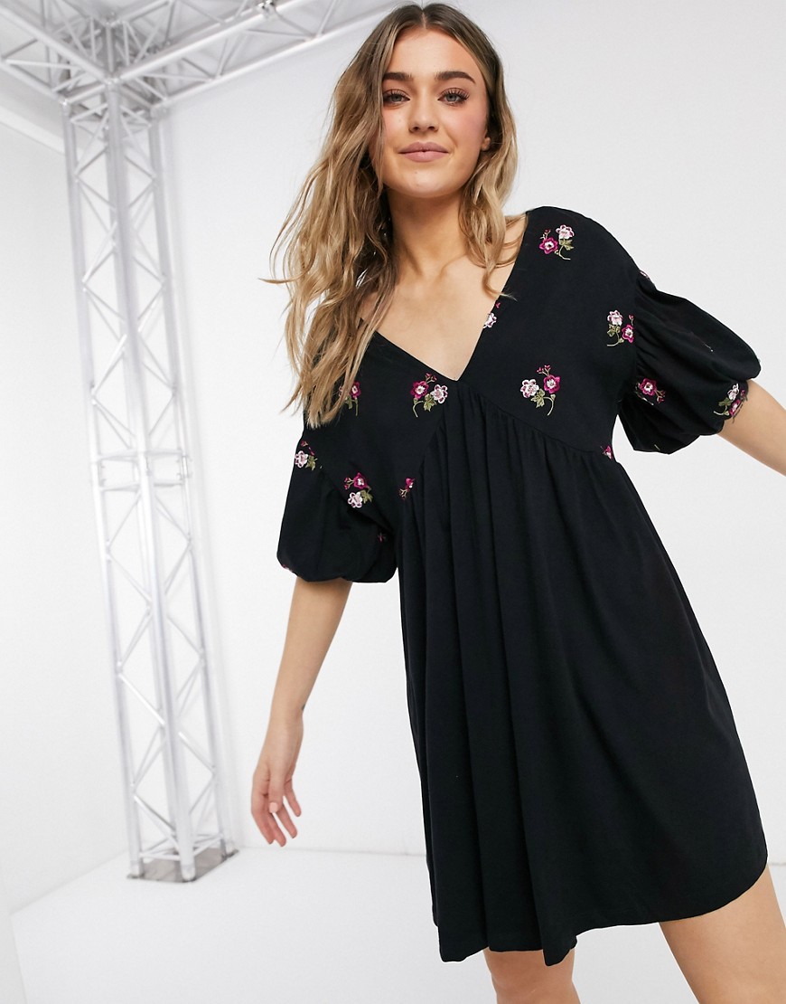 ASOS DESIGN mini swing dress with balloon sleeve and v neck with embroidery in black
