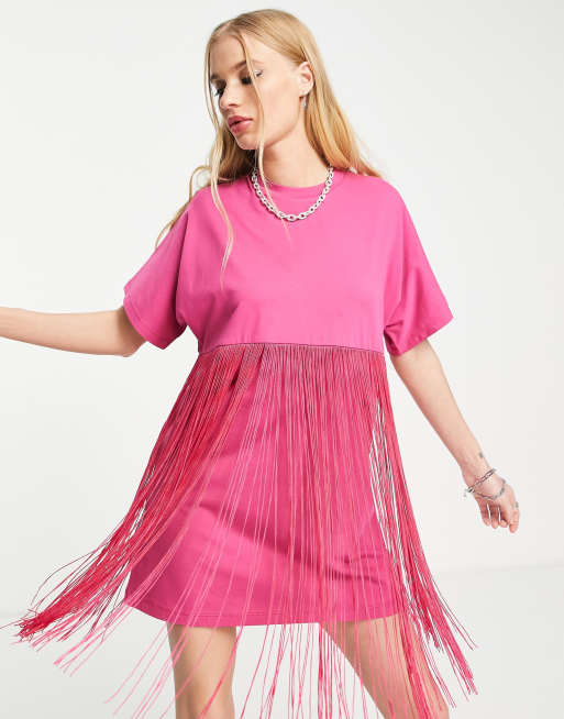 ASOS DESIGN mini t shirt dress with fringing in bright pink