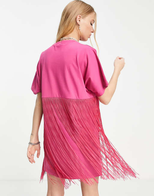 Asos pink fringe dress hotsell