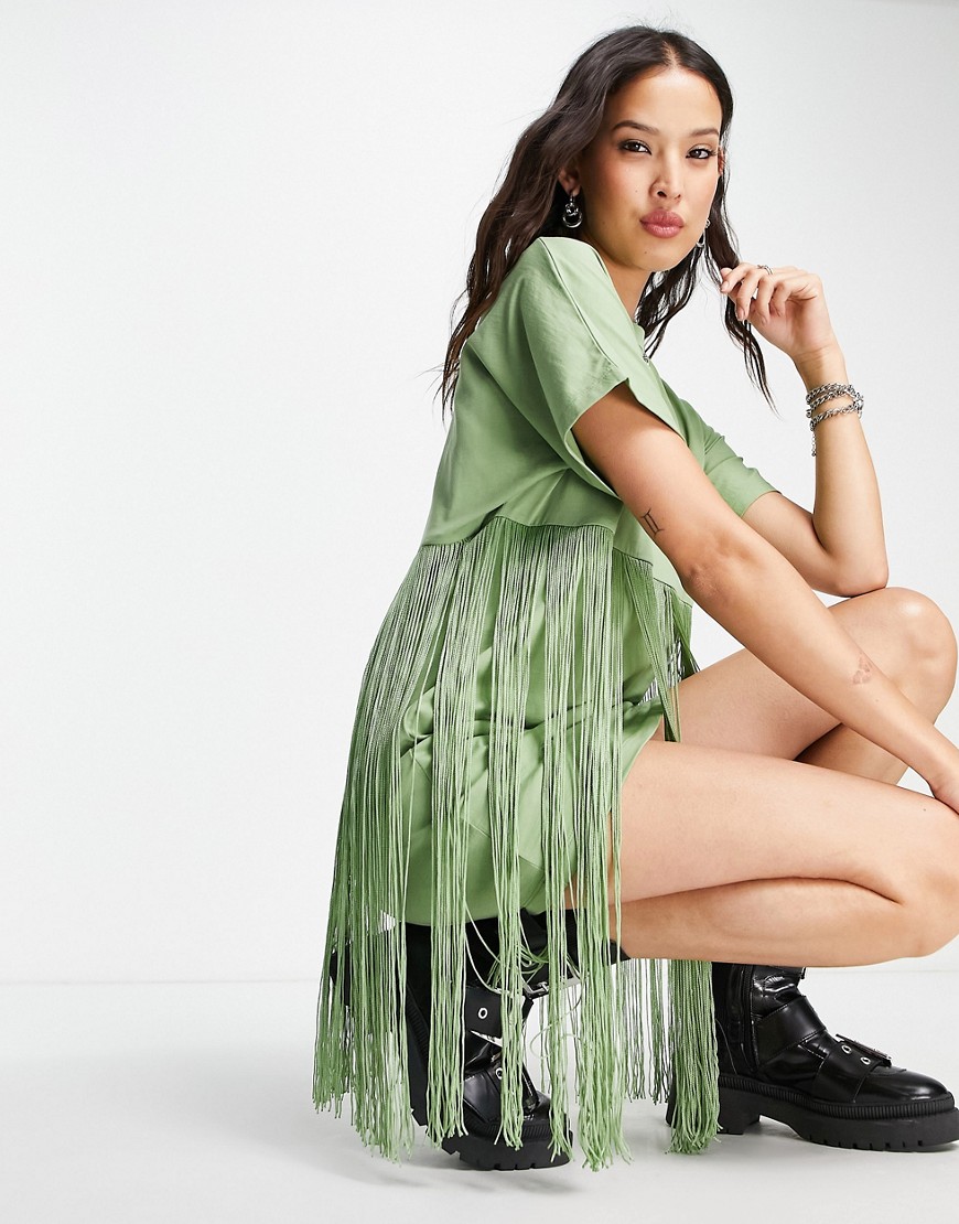 ASOS DESIGN mini t-shirt dress with fringing in olive-Green