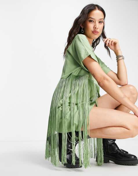 ASOS DESIGN mini t-shirt dress with fringing in olive