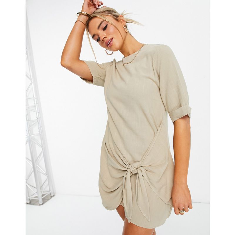 DESIGN – Mini-T-Shirt-Kleid mit Zierknoten vorne in Steingrau