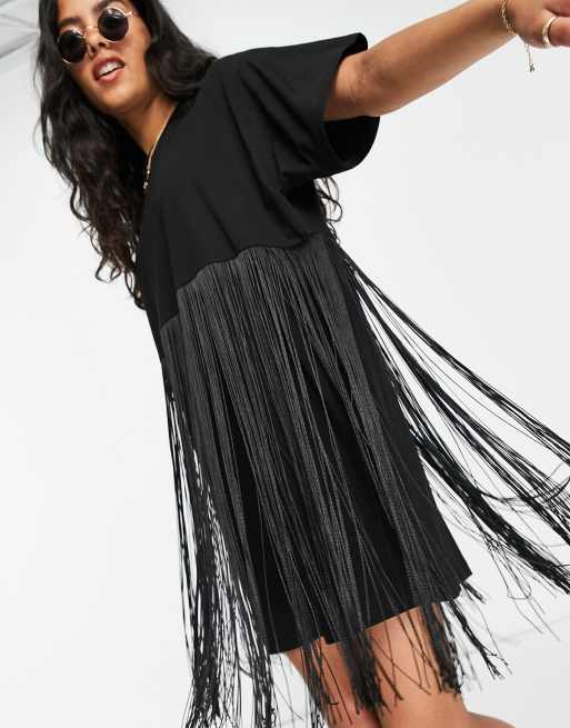 ASOS DESIGN - Mini T-shirtjurk met franjes in zwart 
