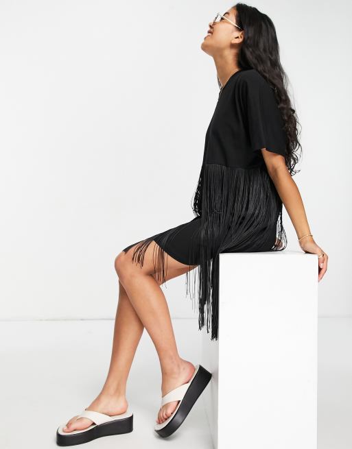 ASOS DESIGN - Mini T-shirtjurk met franjes in zwart , 2 van 4