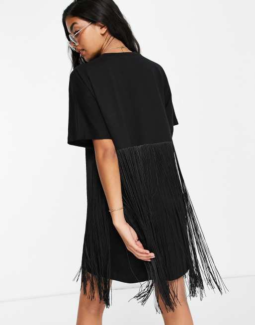 ASOS DESIGN - Mini T-shirtjurk met franjes in zwart , 3 van 4