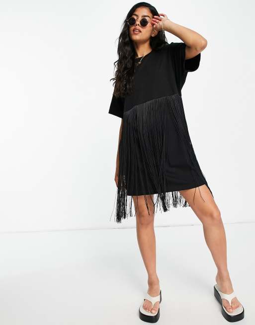 ASOS DESIGN - Mini T-shirtjurk met franjes in zwart , 4 van 4