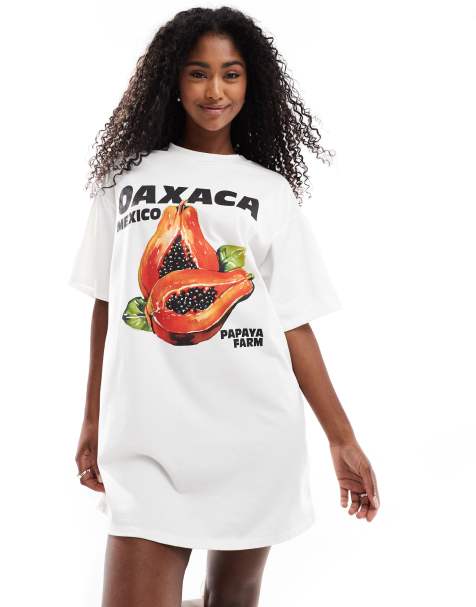 ASOS DESIGN - Mini T-shirtjurk met grafische papayaprint in wit - view 1
