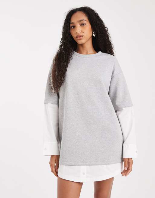 ASOS DESIGN - Mini T-shirtjurk met oversized overhemd als onderlaag in wit en grijs, 2 van 4