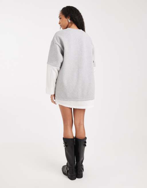 ASOS DESIGN - Mini T-shirtjurk met oversized overhemd als onderlaag in wit en grijs, 4 van 4
