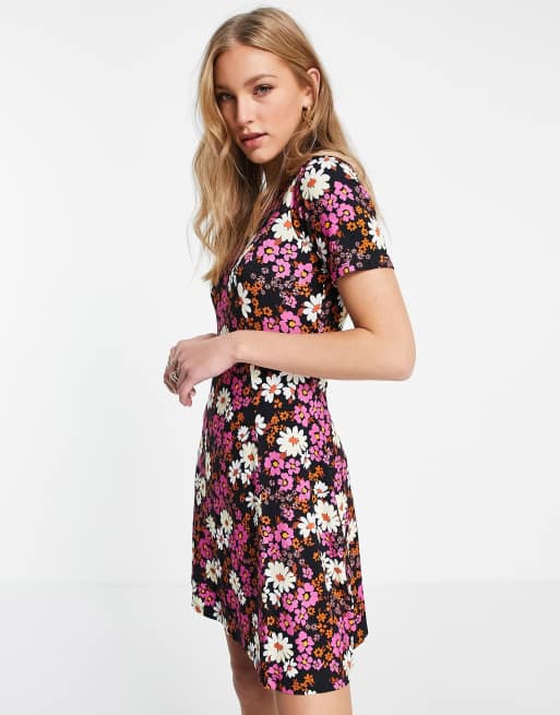 ASOS DESIGN mini tea dress in black floral print | ASOS