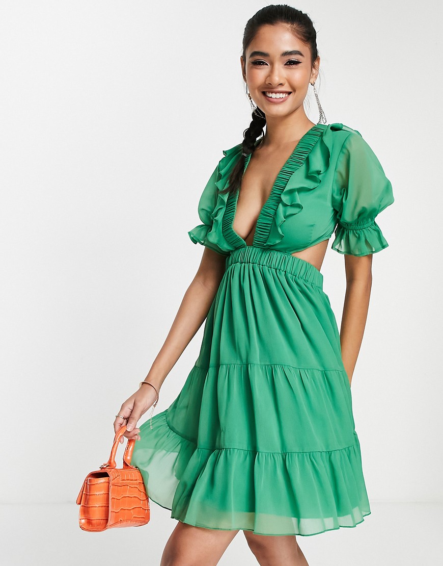 ASOS DESIGN mini tea dress in chiffon with tiered skirt and lace up back in green