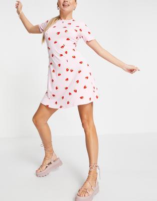 ASOS DESIGN mini tea dress in pink strawberry print