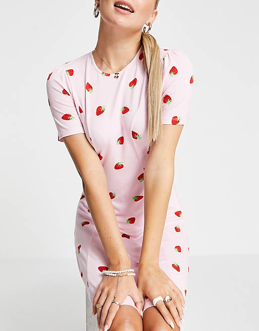 Dresses mini tea dress in pink strawberry print 