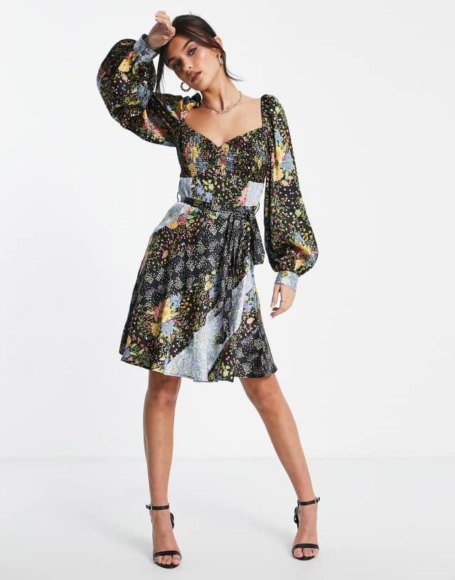 ASOS DESIGN mini tea dress with belt in mixed floral prints