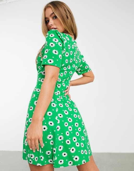 ASOS DESIGN mini tea dress with collar detail in bright green floral