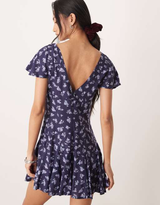 ASOS DESIGN mini tea dress with godet hem in blue floral print, 3 of 4