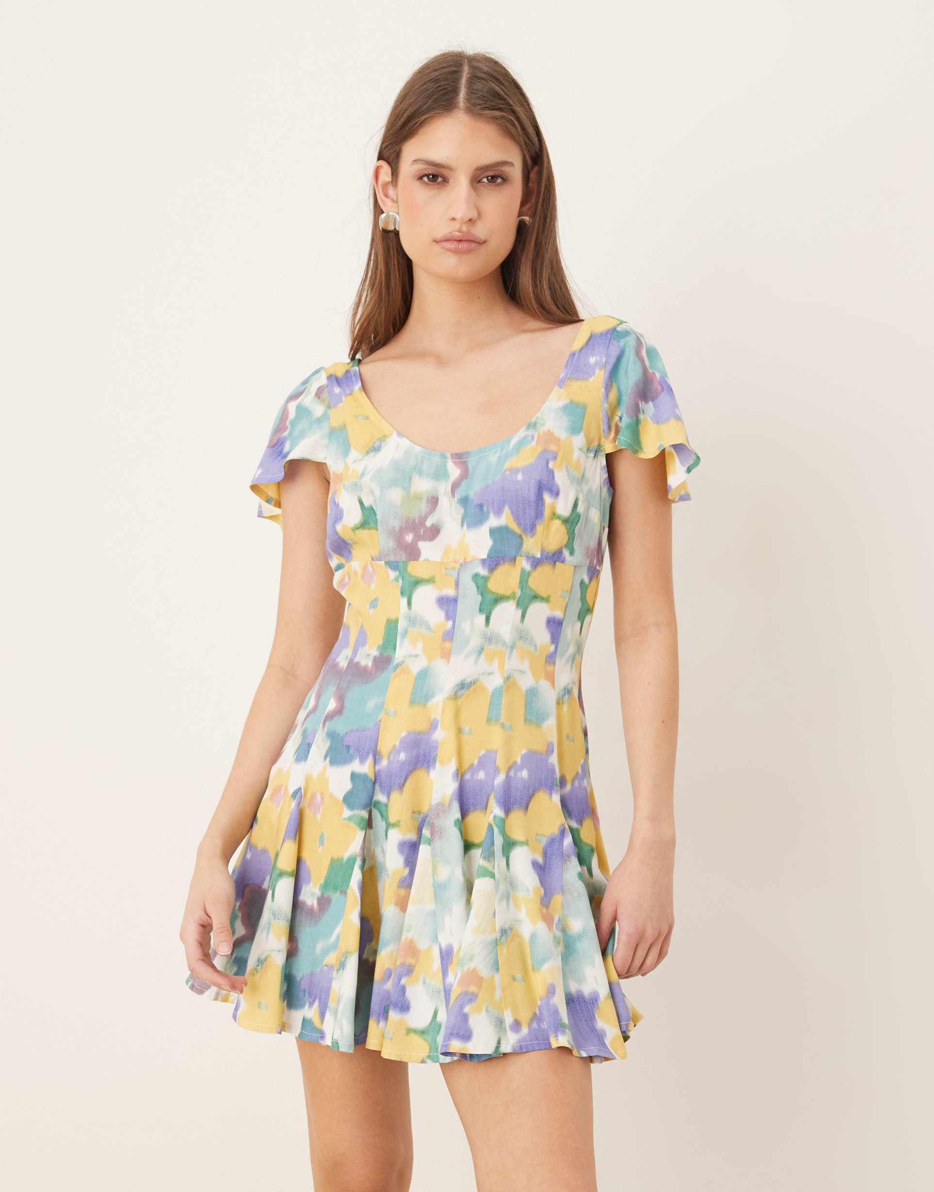 asos design mini tea dress with godet hem in blue floral print