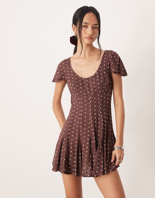 ASOS DESIGN mini tea dress with godet hem in brown dot