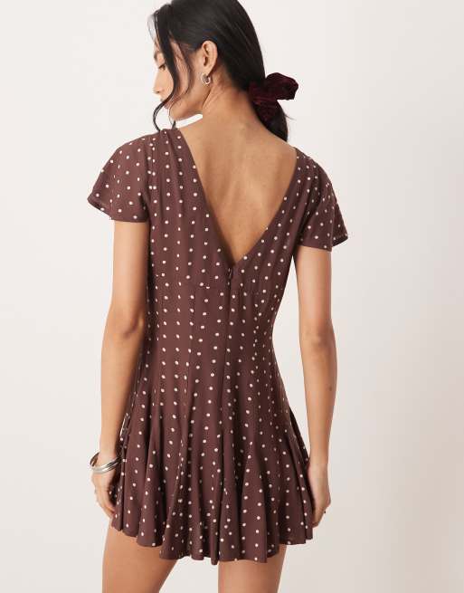ASOS DESIGN mini tea dress with godet hem in brown dot