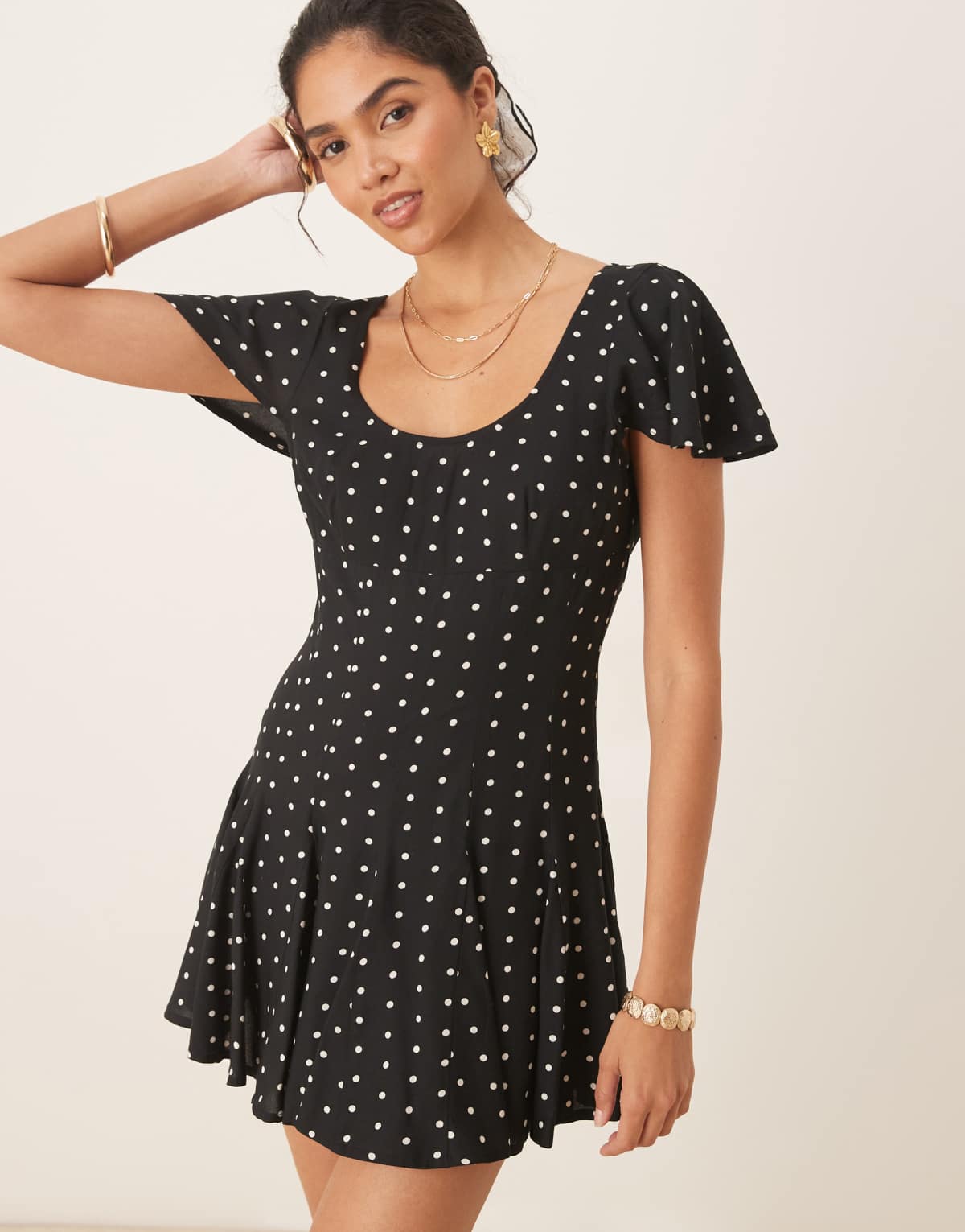 ASOS DESIGN mini tea dress with godet hem in polka dot