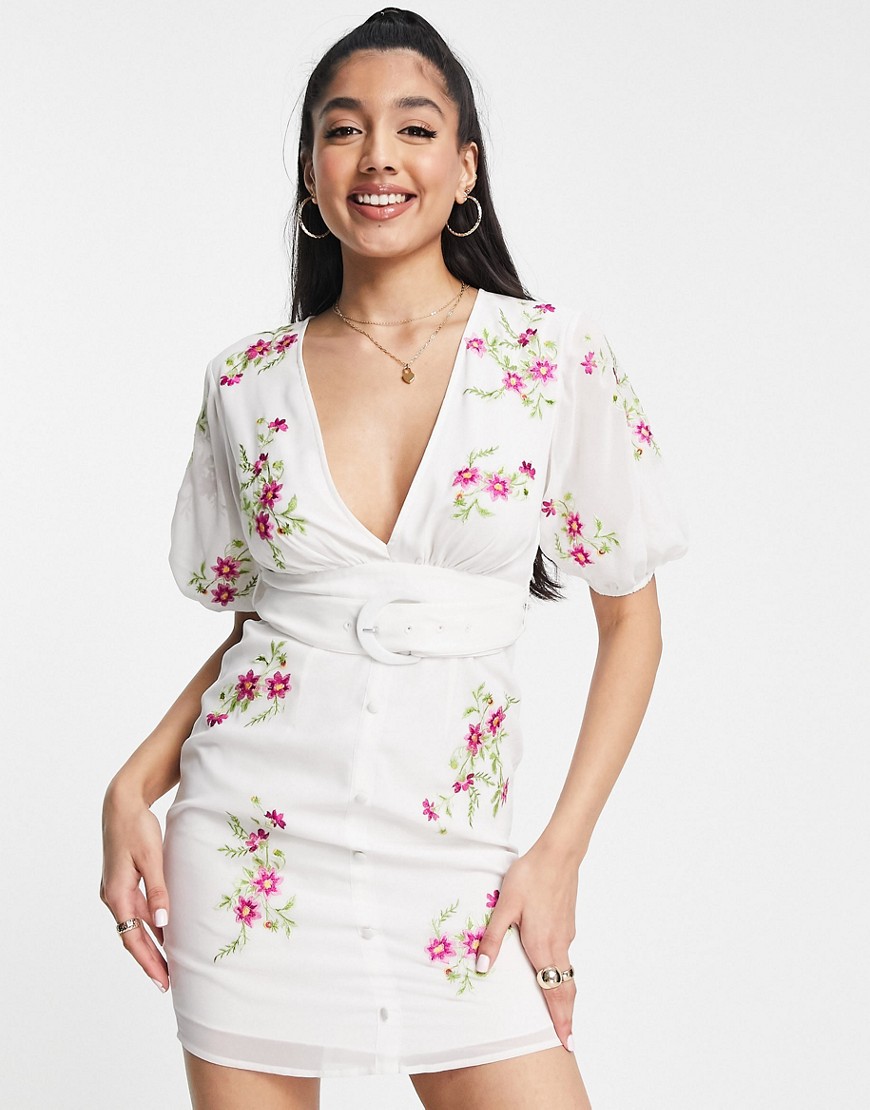 ASOS DESIGN mini tea dress with pop floral embriodery in white