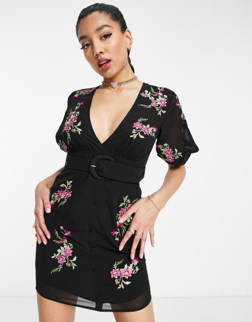 Asos black cheap floral embroidered dress