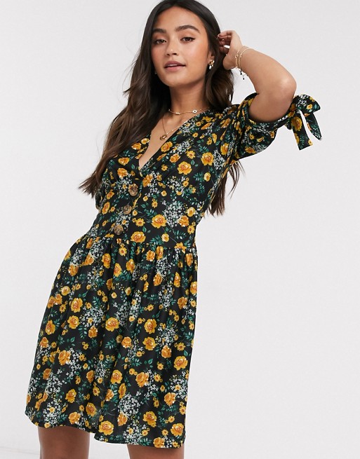ASOS DESIGN mini tea dress with tie sleeve and button front in floral print
