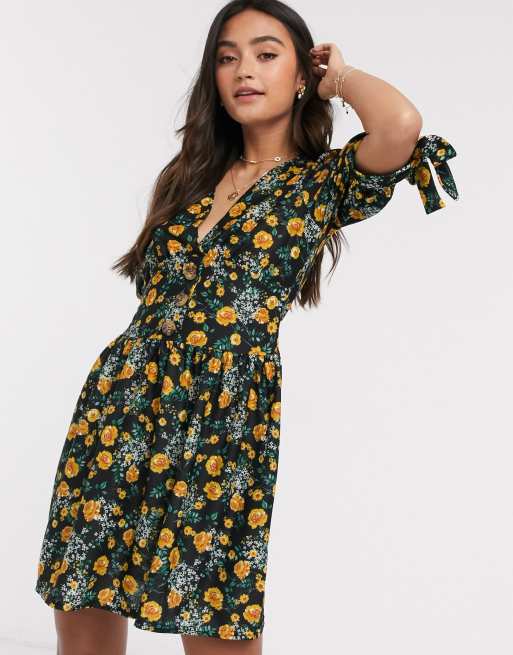 ASOS DESIGN mini tea dress with tie sleeve and button front in floral ...