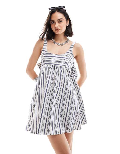 ASOS DESIGN mini textured scoop neck dress with big back bow detail in stripe ASOS