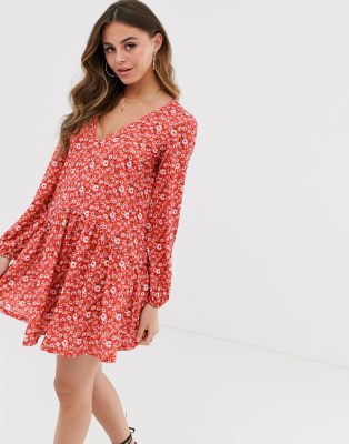 red floral smock dress