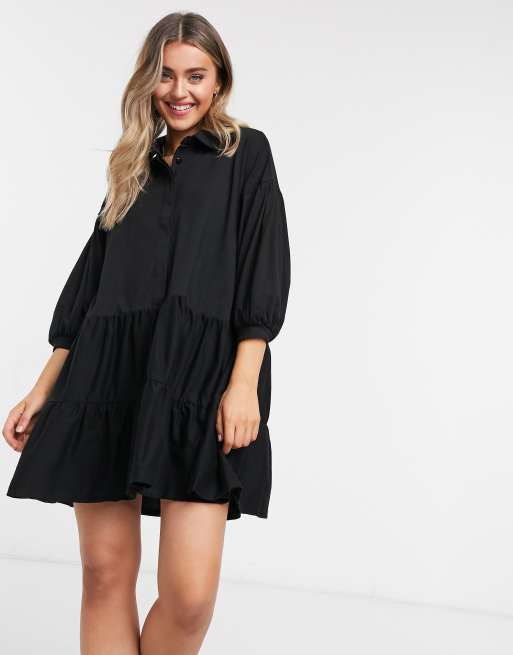 ASOS DESIGN mini tiered shirt dress in black | ASOS