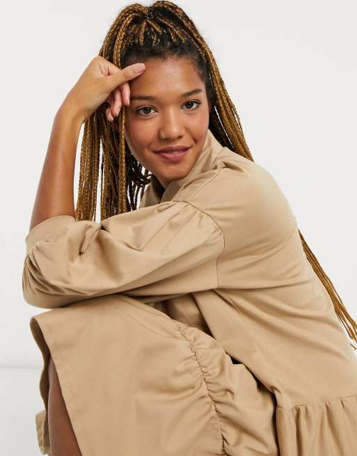 ASOS DESIGN mini tiered shirt dress in camel, 3 of 4