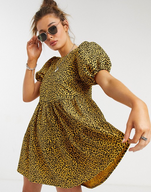 ASOS DESIGN mini tiered smock dress in black yellow leopard print