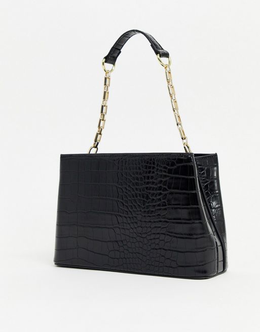 ASOS DESIGN mini croc tote bag with top handle and detachable crossbody  strap in black