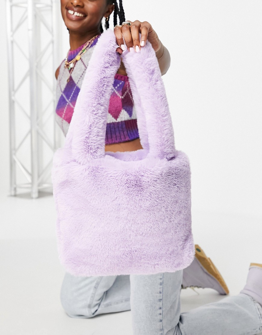 ASOS DESIGN mini tote bag in lilac faux fur-Purple