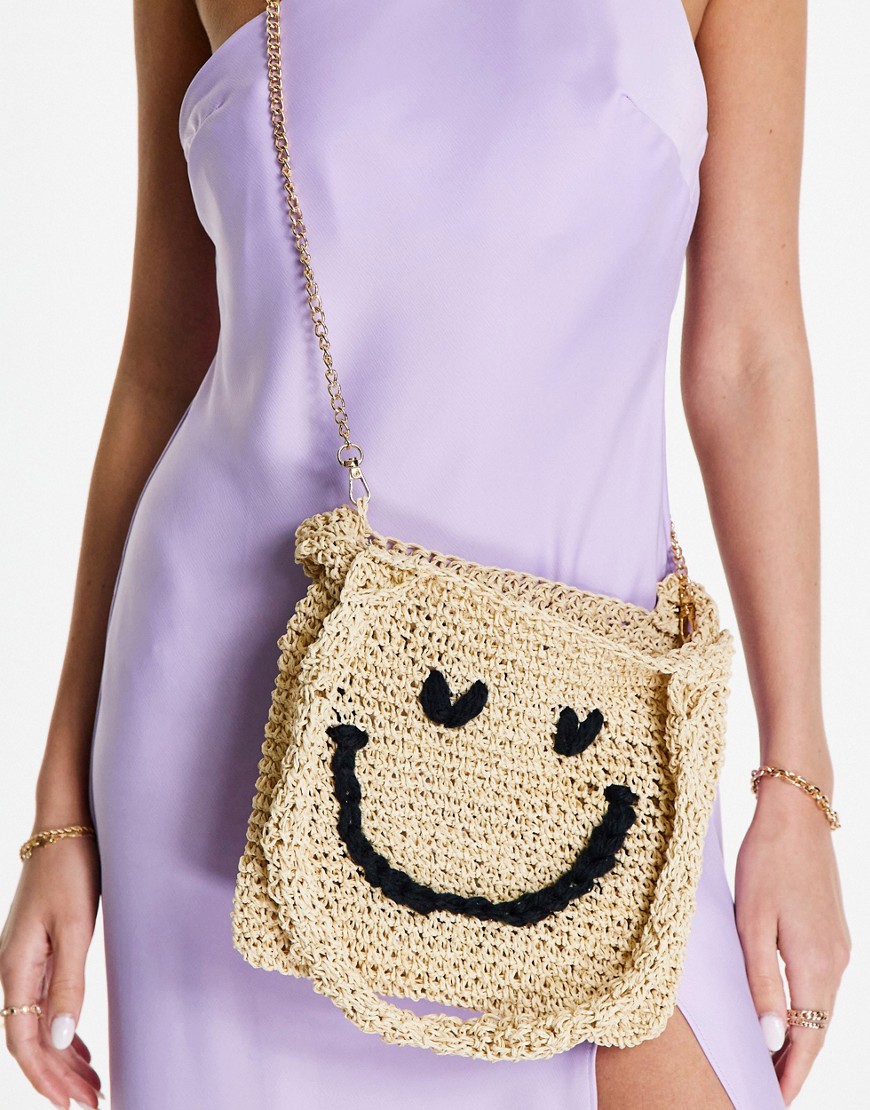 ASOS DESIGN mini tote bag with straw happy face print in natural-Neutral