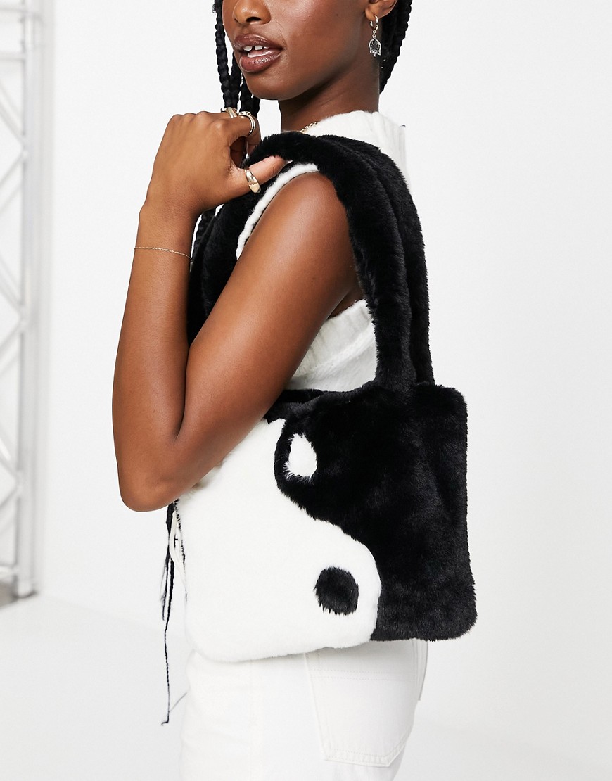 ASOS DESIGN mini tote bag with yin yang faux fur in mono-Multi
