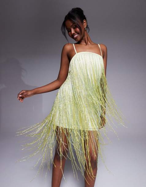 ASOS DESIGN – Mini-Trägerkleid in Blassgelb mit Perlenfransen - view 1