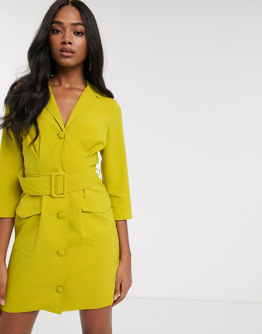 Asos Design Mini Tux Dress With Belt In Lime-green