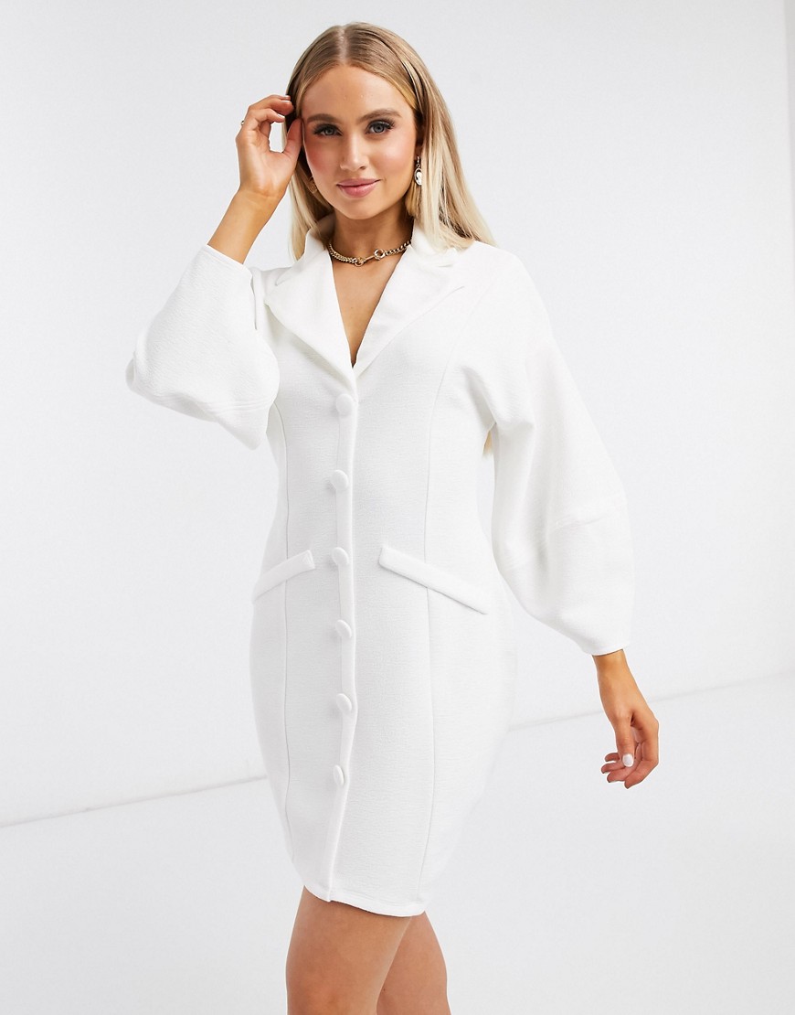 ASOS DESIGN mini tux dress with dome sleeve in ivory-White