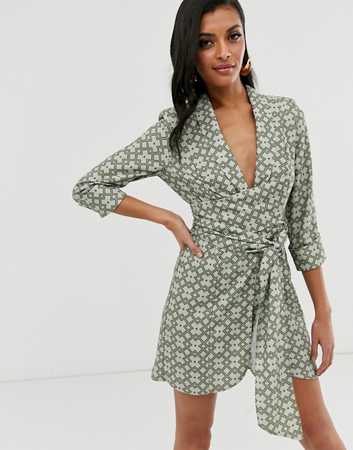 ASOS DESIGN mini tux dress with ruched sleeve in monogram print