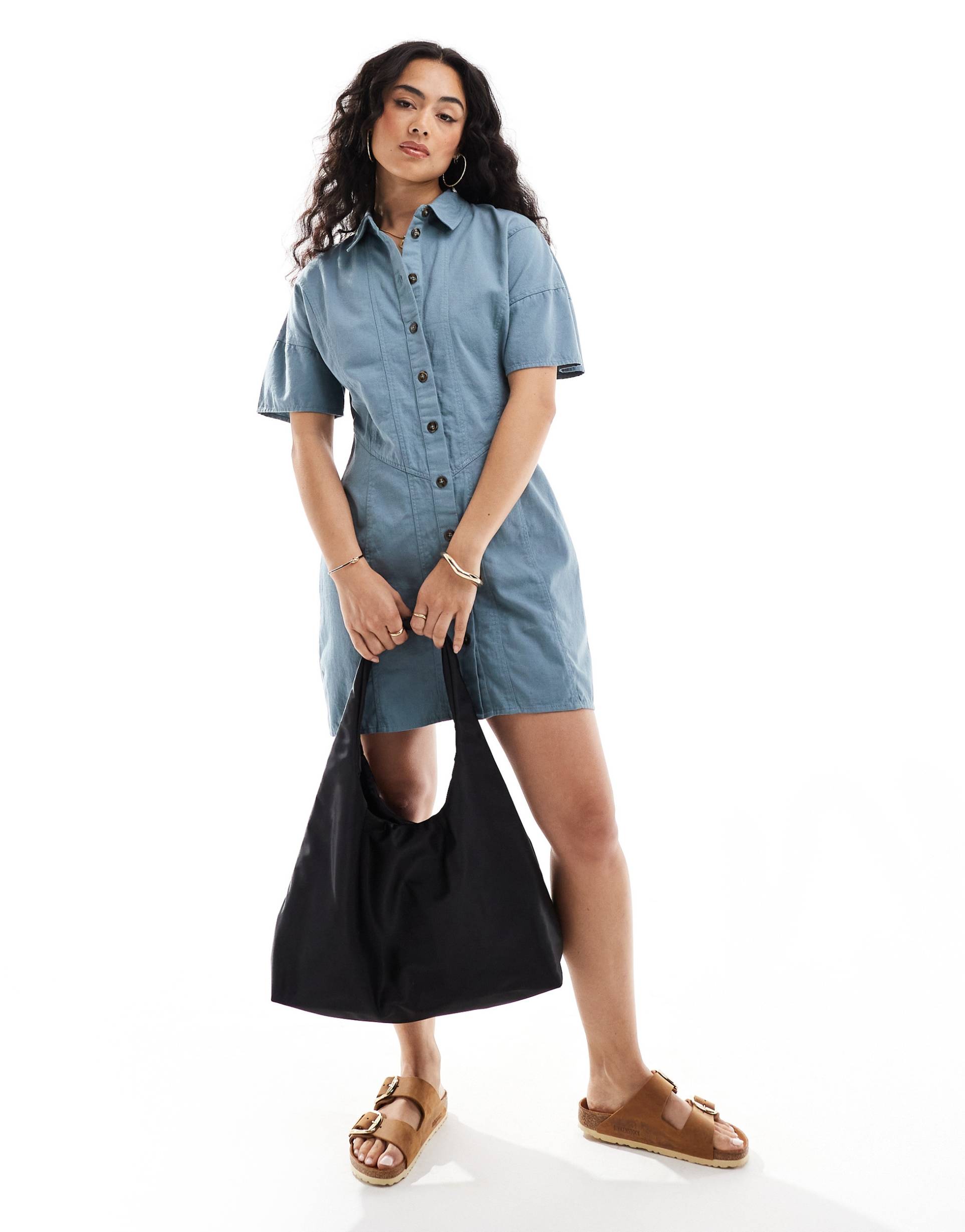 asos design mini twill shirt dress with seaming detail in denim blue